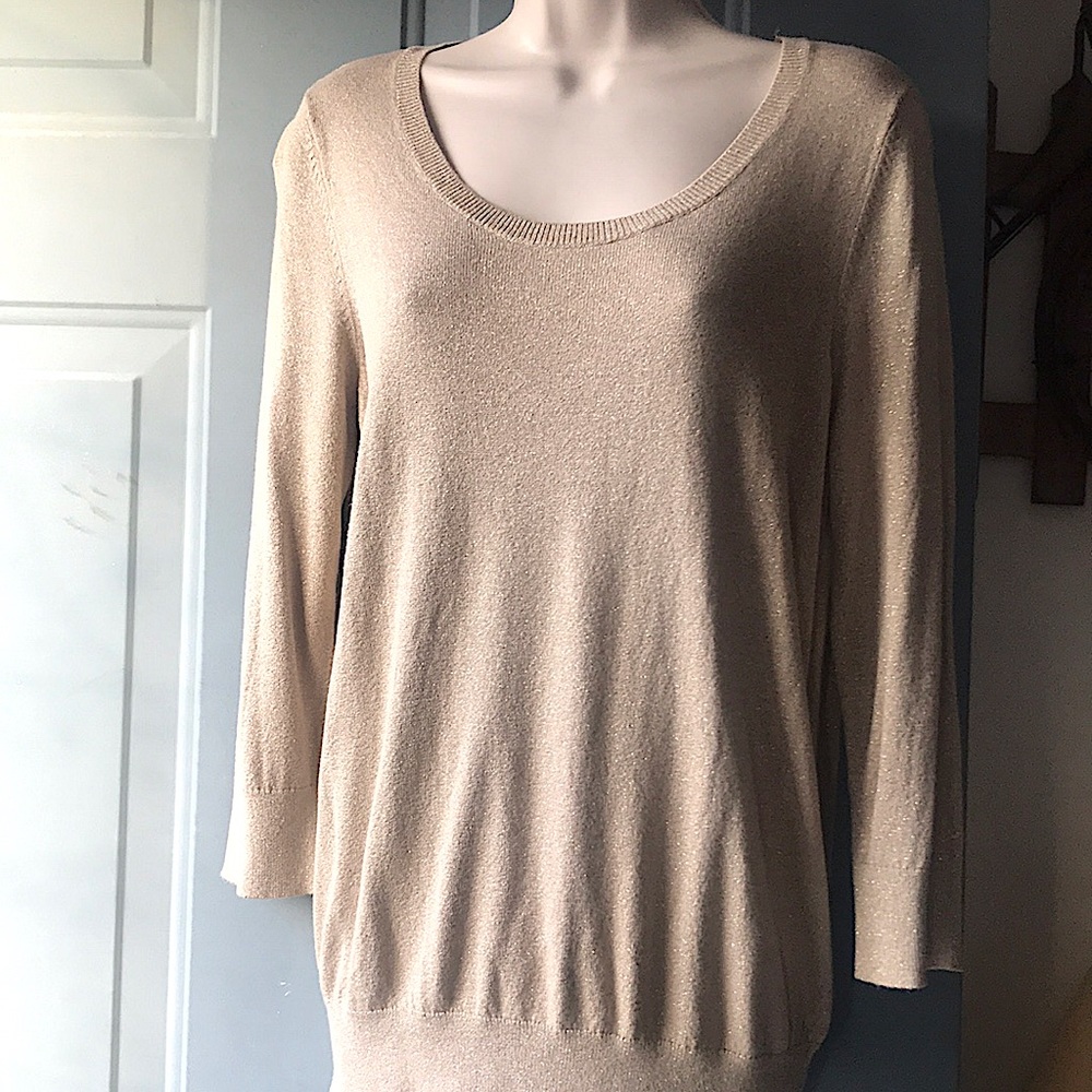 Loft Shimmer 3/4 Sleeve Shirt Soft & Lightweight Gold Scoop Neck Sweater Large